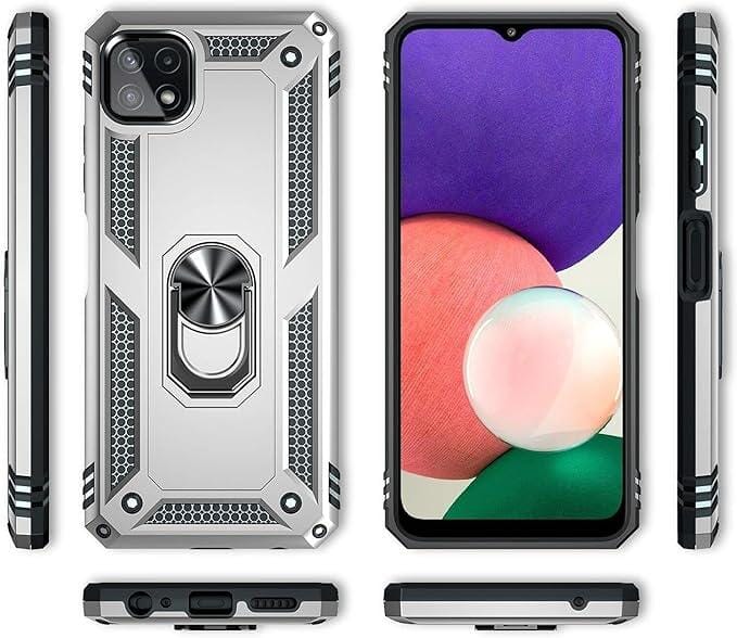 NALIA Military-Style Ringhülle kompatibel mit Samsung Galaxy A22 5G Hülle, Extrem Schützend Stoßfest Outdoor, 360° Ring für Standfunktion & KFZ-Halterung, Hardcase & Silikon Cover Case, Farbe:Silber - Retouren-Rebell