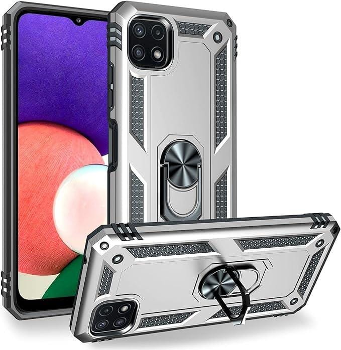 NALIA Military-Style Ringhülle kompatibel mit Samsung Galaxy A22 5G Hülle, Extrem Schützend Stoßfest Outdoor, 360° Ring für Standfunktion & KFZ-Halterung, Hardcase & Silikon Cover Case, Farbe:Silber - Retouren-Rebell